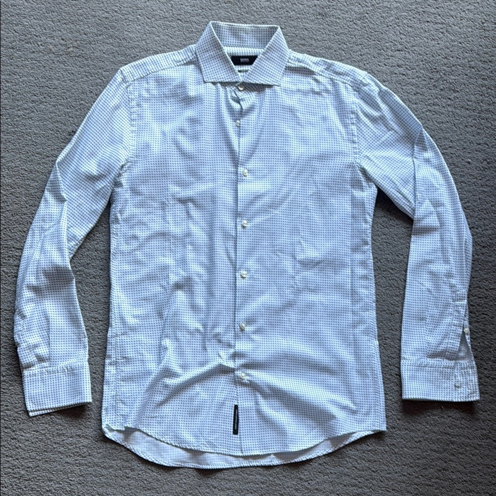 Men's Hugo BOSS White Patterned Dress Slim Fit Shirt Size 39 Neck 15 1/2